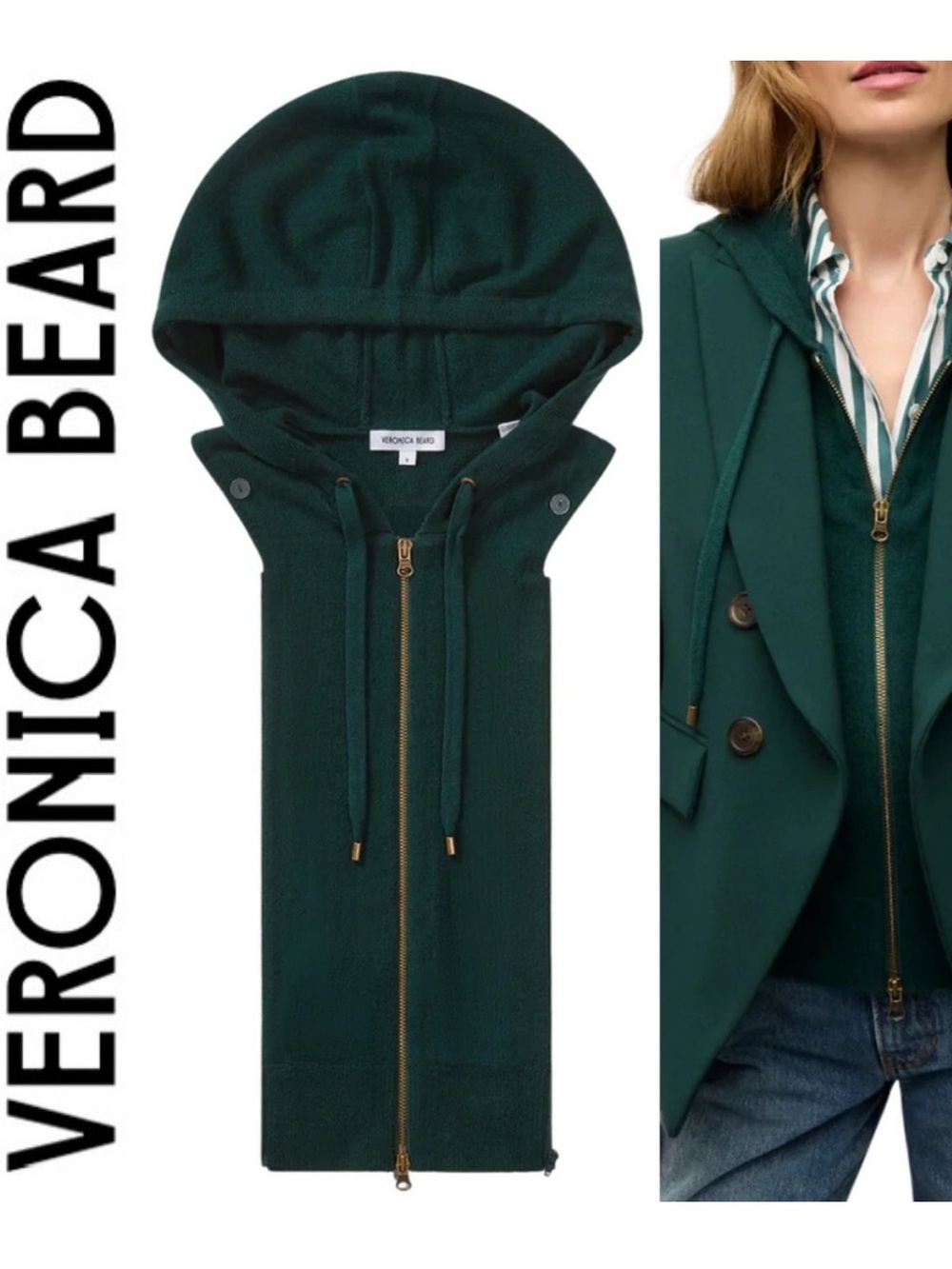 $298 Veronica Beard Pine green luxe Cashmere dualzip Hoodie Dickey Jacket insert